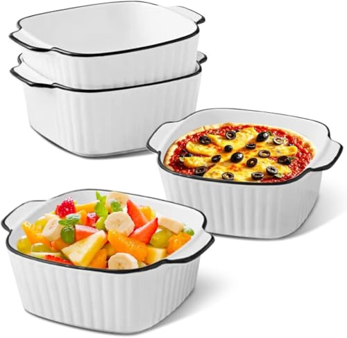 MIUUIPI Ceramic Casserole Dish Set of 4, 14.5 x 11.5 x 5.5 cm Square Casserole Dish with Handles, Stackable Ceramic Baking Mould for Fryer, Oven and Microwave Safe, 400 ml Small Baking Moulds