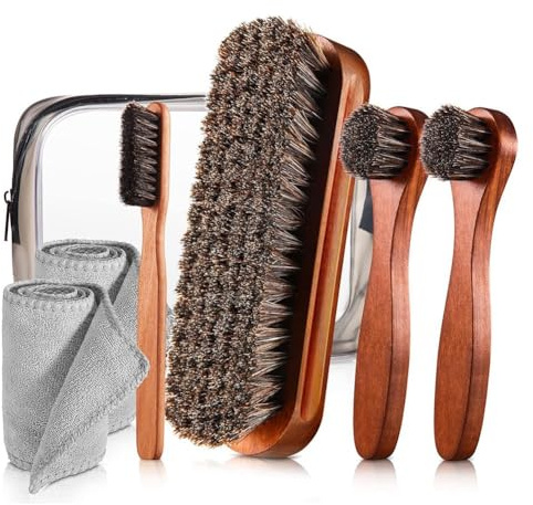 Harewtwy 7 Piece Horse Hair Shoe Brush Shine Kit Leather Shoes Boot Cleaning Brush Care Clean Dauber Applicators