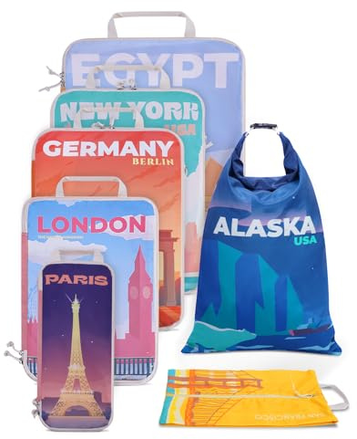 Ceneda 7-Teilige Koffer Organizer Set, Compression Packing Cubes Backpack Packwürfel Rucksack Kofferorganizer Packtaschen Set Kompression für Koffer, Travel Essentials Organizer (Stadt)