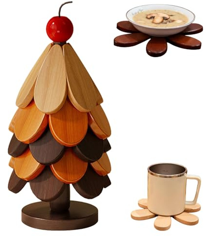 5 sottobicchieri per albero di Natale, in legno, con 1 supporto, a forma di albero di Natale, in legno di noce, per piatti caldi, pentole, ciotole, teiere