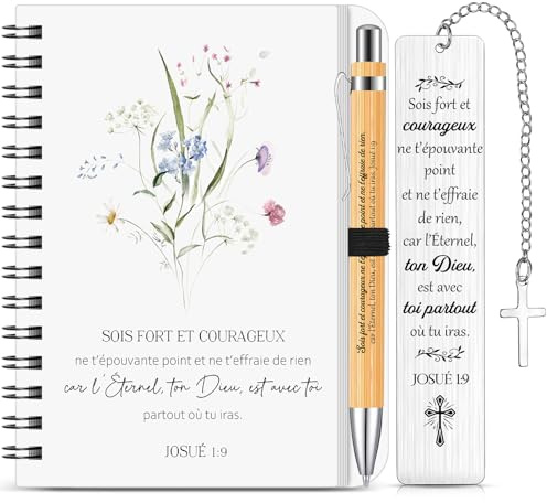 BBTO 3 Pièces Cadeau Bible pour Noël Communion Confirmation Baptême | Cahier Religieux avec Fleurs, Marque Page Chrétien en Francais, Biblique Stylo à Bille pour Familia Amigos Croyants