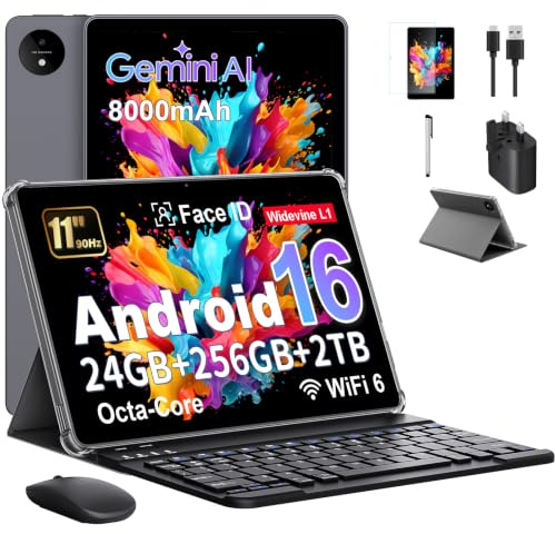 Tablet 11 Pollici con Gemini AI, Tablet Android 16 con Cover, Mouse & Tastiera, Octa-Core, 24 GB RAM + 256 GB ROM + 2 TB TF, 1920x1200 Display HD, 90 Hz, Fotocamera Doppia 8MP + 13MP, 8000mAh (Grigio)