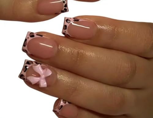 Lot de 24 faux ongles courts à coller - Forme léopard - French manucure - Courts - Rose - À coller - Avec nœud rose - Mignon French manucure - Pour femme