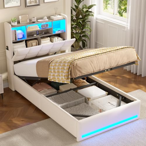 AOGLLATI Single Ottoman Bed,3ft Upholstered Storage Bed with Hydraulic Storage and Charging Station Upholstered Platform Bed frame with Storage Headboard & Led Lights(Beige, Single-90x190cm)