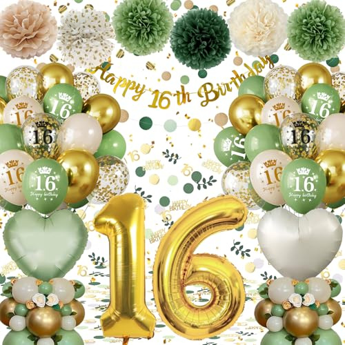 16th Birthday Decorations for Boy Girl, Green Gold 16th Birthday Balloons | Happy 16th Birthday Banner Decorations, Heart Balloons, Confetti for Party Decorations,16th Birthday Gifts for Girl Boys