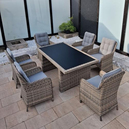 RAGNARÖK PolyRattan - Deutscher Hersteller - Gartenmöbel Essgruppe Tisch 6 Sessel 12 Polster Rostfrei Aluminium Naturfarbene Garnitur (Doppelhalbrund-Rattan) + Polster Grau, Glas schwarz