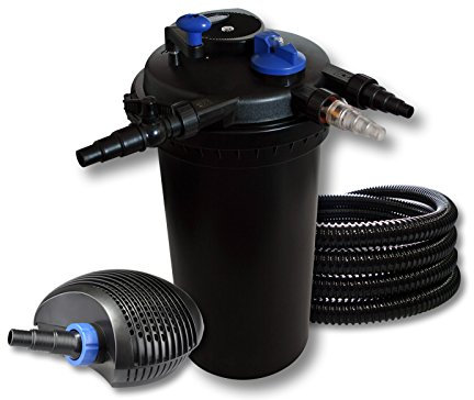 SunSun Kit Complet: CPF-15000 Filtre de Bassin à Pression Jusqu’à 30000 L avec 18 Watt UV-C Lampe UV, CTF-6000 SuperECO Pompe de Filtration 6000l/h 40W, 25m Tuyau 25 mm (1)