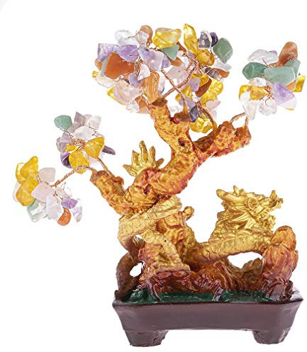 lachineuse - Albero Drago 5 elementi - Albero Feng Shui 19 cm - Decorazione asiatica Drago Giapponese - Albero di Fortuna con Drago Dorato - Decorazione asiatica Pietre Preziose - Oggetto Giappone Zen