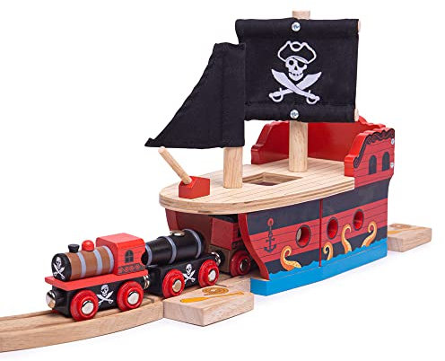 Bigjigs Rail Galleon Pirate Ship | Wooden Train Set Accessories | Kids Toy Gift Suitable for a 3 Year Old & Above | Compatible with Most Wood Railway Tracks | Educational Tool for Young Children
