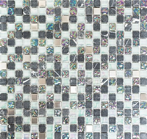 Mosaik Quadrat Crystal/Stein/Edelstahl mix grau Metall Mix Fliesenspiegel, Mosaikstein Format: 15x15x8 mm, Bogengröße: 322x305 mm, 10 Bögen
