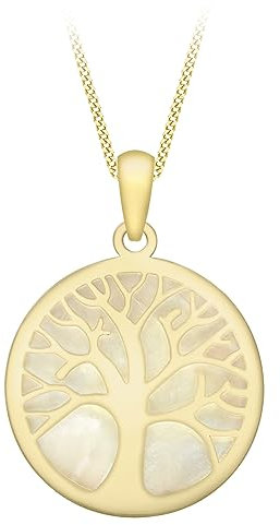 CARISSIMA Women's 9ct Yellow Gold Mother Of Pearl 'Tree Of Life' Pendant on Curb Chain of 46cm/18