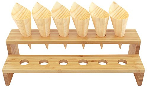 BambooMN 13 x 4.9 x 3.5 Natural Bamboo Straight Multi Level Food Cone Display Tamaki Stand for Restaurants, Catered Events, Party or Buffets, Holds up to 12 Cones
