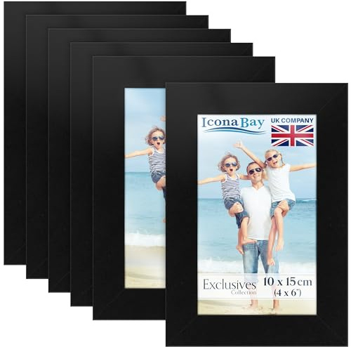 Icona Bay - 6x4 Picture Frames - Black, 6 Pack - Sturdy Engineered Wood Photo Frames 6 x 4 - Sleek Design, Table Top or Wall Mount - Exclusives Collection