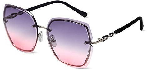 LumiSyne Rimless Sunglasses Oversized For Women Transparent Gradient Glasses Diamond Cutting Colored Lens Rhinestone Decorated Frame UV400 Eyewear(Gray pink)