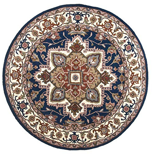 Theko | Teppich Royal Heriz aus 100% Schurwolle | IWS | handgetuftet | Farbe: Blau | Größe: 100 cm rund