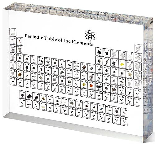 Großes Periodensystem mit echten Elementen im Inneren, 20,3 cm Acryl-Periodensystem mit 83 echten Elementen, Basteldekoration, Geschenk für Kinder, Studenten, Lehrer, Wissenschaftsliebhaber, 20,3 x