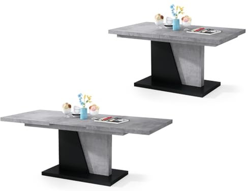 All4All Couchtisch Noel - Kaffeetisch - Wohnzimmertisch – Sofatisch mit Ablagen - Esstisch mit Einlegeplatte - ausklappbar - 120x70cm - 05 - Beton Millenium + Schwarz