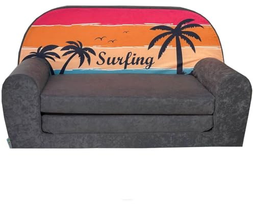 FORTISLINE Kindersofa MINI ausklappbar 78 x 40 x 45 cm - Kindercouch aus Mikrofaser mit Liegefläche 104 cm, abnehmbarem waschbarem Bezug, Oeko-TEX Standard 100, Surfing