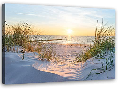 Feeby Vlies Leinwandbild Strand Meer Wellen Himmel 30x20 cm Wand Bild Kunstdruck Deko Wohnzimmer Wohnungs Deko Sonnenuntergang Gras Dünen Beige
