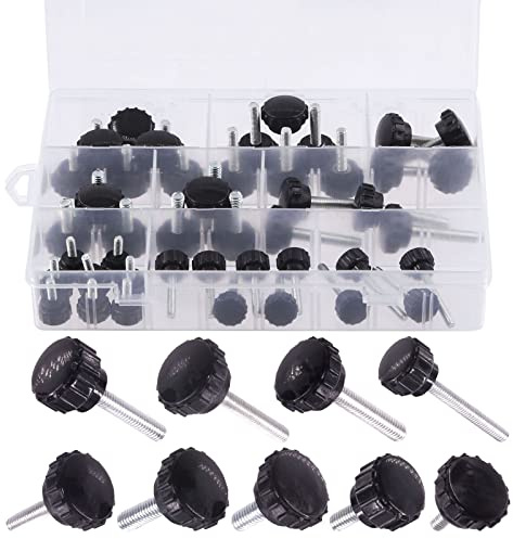 Keadic 48 Pcs M4 M5 M6 Male Threaded Knurled Thumbscrew Grip Knobs Assortment Set, 22# 14# Black Round Clamping Screw Nuts Knob Handle Thumb Screws for Electronic Machinery