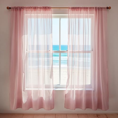 Trimming Shop Rose Gold Voile Curtains, 2 Panel Net Curtain, 142 x 183cm | Semi-Transparent Sheer Slot Top Curtain Pair for Bedroom, Kitchen & Living Room, Patio, Hotel