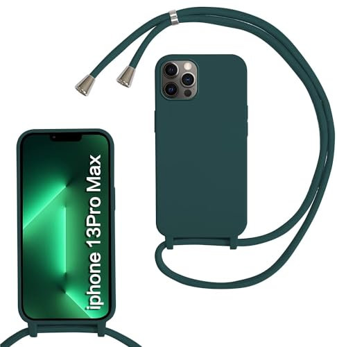 MBSLFY Silikon Handykette für iPhone 13 Pro Max Hülle mit Band, Silikon Necklace Handyhülle mit Abnehmbar Kordel zum Umhängen Stossfest Bumper Handy Schutzhülle für iPhone 13 Pro Max, Dunkel grün