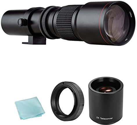 Andoer - Cámara Super Teleobjetivo 500mm F/8.0-32 Zoom Manual T-Mount + 2 lentes teleconvertidores 500mm + anillo adaptador T2-AF de repuesto cámaras de montura AF