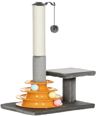 PawHut 56cm Cat Tree for Indoor Cats Scratching Post with Cat Toys Grey | Climbing Tower, Activity Centre, Dangling Ball