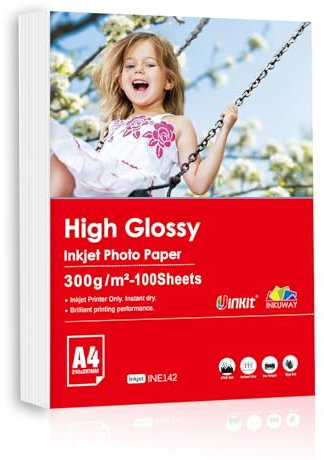 Inkuway A4 schweres, dickes Fotopapier, 300 g/m², Tintenstrahldrucker, 100 Blatt, glänzende Oberfläche zum Drucken von Fotos, Grußkarten, Postkarten