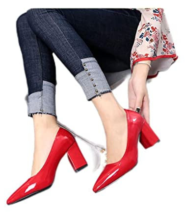 Scarpe da donna a punta pompe tacco alto quadrato in pelle verniciata moda lavoro nero partito scarpe-rosso-5cm tacco, 7,5 cm