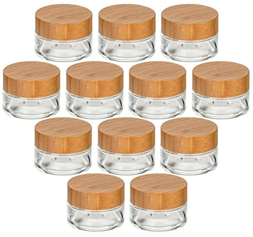 gouveo Lot de 12 pots de crème 30 ml en verre avec couvercle en bois - pots de crème vides à remplir - petits pots pour crème, cosmétiques, lotion - parfaits pour le voyage et le sac à main (CTT030BM)