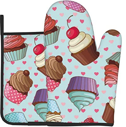 Hitzebeständige Ofenhandschuhe und Topflappen, 2er-Set, Cupcake-Muster, bedruckt, rutschfest, wasserdicht, zum Backen, Kochen, Grillen