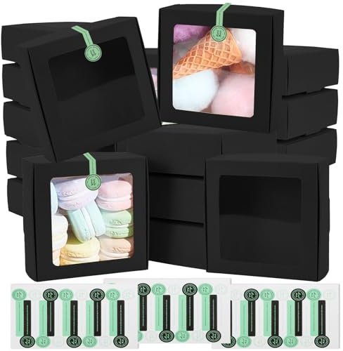 Funrelaxer 24 Packungen Brown Kraft Paper Boxes mit durchsichtigen Fenstern für Schmuck Speicher Display (9.5 * 9.5 * 3.5cm, Schwarz)