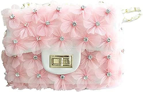 RajoNN Damen-Abendhandtaschen, Tasche, handgefertigt, Diamant-Blumen-Umhängetasche, tragbare Umhängetasche, rhombische Kettentasche (Rosa)