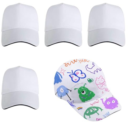BouGPeng DIY Kappe Kinder Weiß 5 Stück DIY Baseballcap Kinder Kappen zum Bemalen Sport Baseballmützen für Kinder Graffiti Kappe Bastelset für DIY Bemalte Geschenkideen Jungen Mädchen Hüte Outdoor