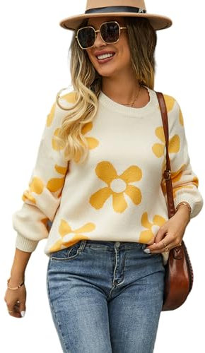 HEYPORK Damen Herbst Winter Warm Bequem Pullover Casual Mode Strickjacke Strickpullover Frauen Bedruckte Pullover Blume Pullover(Aprikose, L)