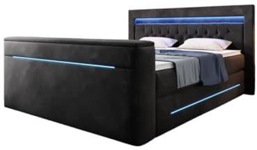 Boxspringbett Pluto 180x200 Doppelbett Polsterbett Bett mit TV Lift, RGB-Beleuchtung und Stauraum | Bezug: Samt | Farbe: Schwarz | Härtegrad: H3 (70-100kg)