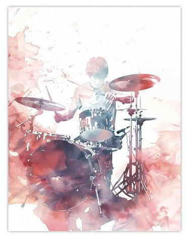 Artery8 Drummer Playing Drums Set Modern Watercolour Red Living Room Unframed Wall Art Print Poster Home Decor Premium
