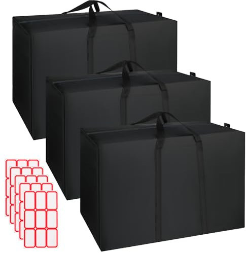 taonganui 3 Stück 115L Aufbewahrungstasche, Schwarz Unterbett Aufbewahrungsbox Mit 5 Stück Selbstklebende Etikettenaufkleber, Aufbewahrungstasche für Bettdecken Kissen Decke Bettwäsche (80x29x48cm)