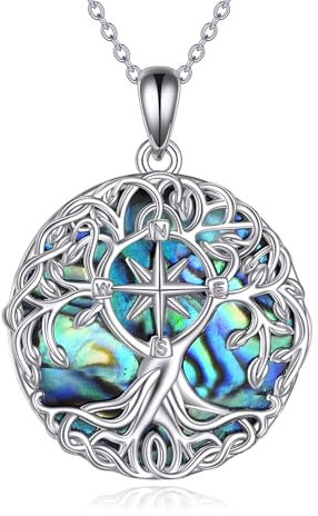 YFN Tree of Life Necklace Sterling Silver Compass Pendant Abalone Shell Celtic Jewelry Graduation Gifts for Women Men
