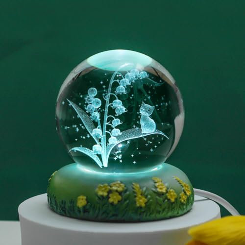 Blumen Nachtlicht 80mm Glaskugel Nachtlicht mit LED Halterung 3D Maiglöckchen Kristallkugellampe USB Aufladung Blume Nachtlampe Schlafzimmer Schlafen Tischlampe für Zuhause Tischdekorationen