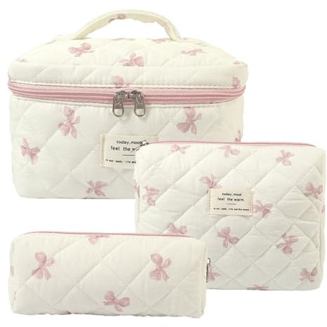 Damen Gesteppte Kulturtasche, 3 Stück Kosmetiktasche, Blumenmuster Kulturbeutel Set, Reisen Schminktasche Gedruckt, Baumwolle Make up Bag für Frauen Mädchen (Pinker Bogen)