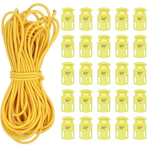 PATIKIL 10 Yard Elastic Bungee Cord & Single Hole Cord Lock, 25 Pack Plastic Oval Spring Toggle Stopper for Paracord Drawstring Shoelace Clothing Backpack Bags, Yellow