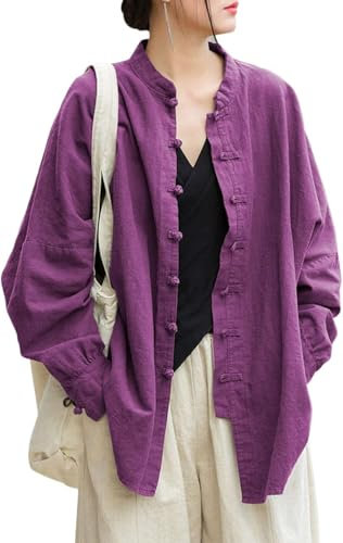 Lazutom Camicia da donna in cotone e lino con bottoni a forma di rana, colletto alla coreana, per arti marziali cinesi, Kung Fu Tai Chi, tunica, Viola, Taglia unica
