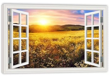 RXNHGJDS Quadro con effetto 3D,Dipinto di campi fioriti al tramonto,finestra aperta su,Immagini su tela effetto 3d Finestra,stampa da parete90x60cm(35x24in) cornice interna