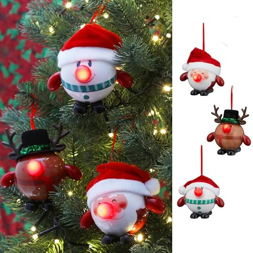 3-teiliges Set witzige Christbaumkugeln mit Blinkender LED Nase Ø 10 cm - Baumschmuck blinkend - Lustige Weihnachtskugeln mit LED-Blinklicht - Baumkugeln mit LED-Licht