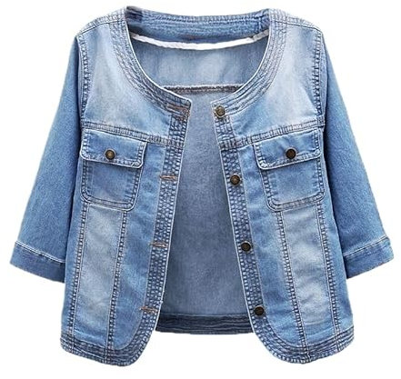 HZCRAES Women'S Casual Denim Jacket - Loose Elastic Round Neck And Half Sleeves Cropped Coat,Simplicity Flap Pockets Single Breasted Chic Washed Jeans Coat Blue Xl