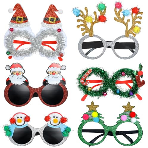6 Pack Glitzer Lustige Weihnachtsbrillen Erwachsene Kinder Set, Party Brille Weihnachten Weihnachtsbrille, Lustige Brille Weihnachts, Weihnachtsverkleidung Foto Requisiten Weihnachtsparty Accessoires