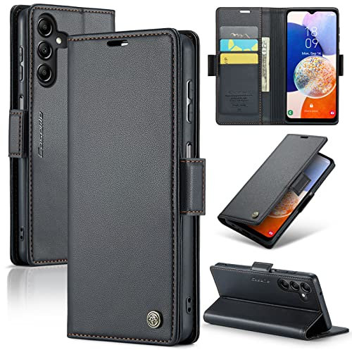 Rerzoiro Handyhülle für Samsung Galaxy A14 4G/5G Hülle, Premium PU Lederhülle Klappbar Flip Case [RFID Blocker] Tasche Magnet Kartenfach Klapphülle Schutzhülle für Samsung Galaxy A14, Schwarz