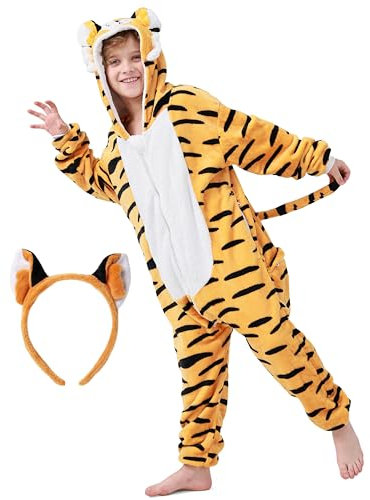 corimori Flauschiges Tiger-Kostüm für Kinder mit Haarreif | Karneval Fasching Kostüm Onesie für Mädchen, Jungen | Körpergröße 90-110cm